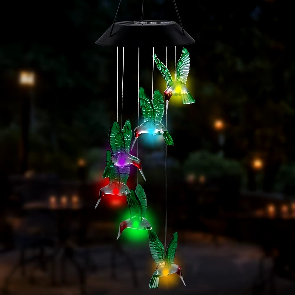 1PC Solar-Powered Hummingbird Wind Chimes - Color-Changing LED Light - Outdoor Garden Decor